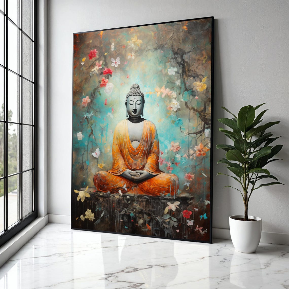 Buddha Meditating Falling Flowers Teal Orange Spiritual Poster
