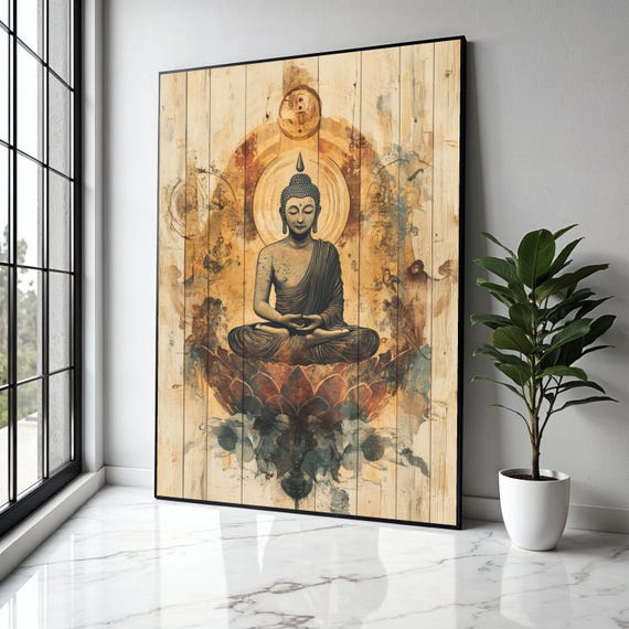 Meditating Buddha Canvas Wall Art Spiritual Home Decor Rustic Wooden Panel Design Zen Buddhist Artwork Gift Print