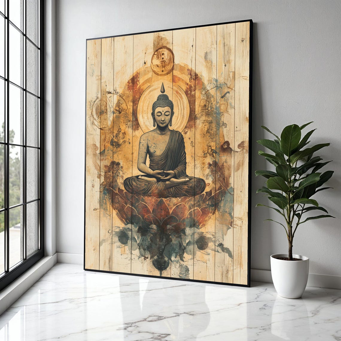 Serene Buddha Meditating On Lotus Rustic Wood Panel Art Poster