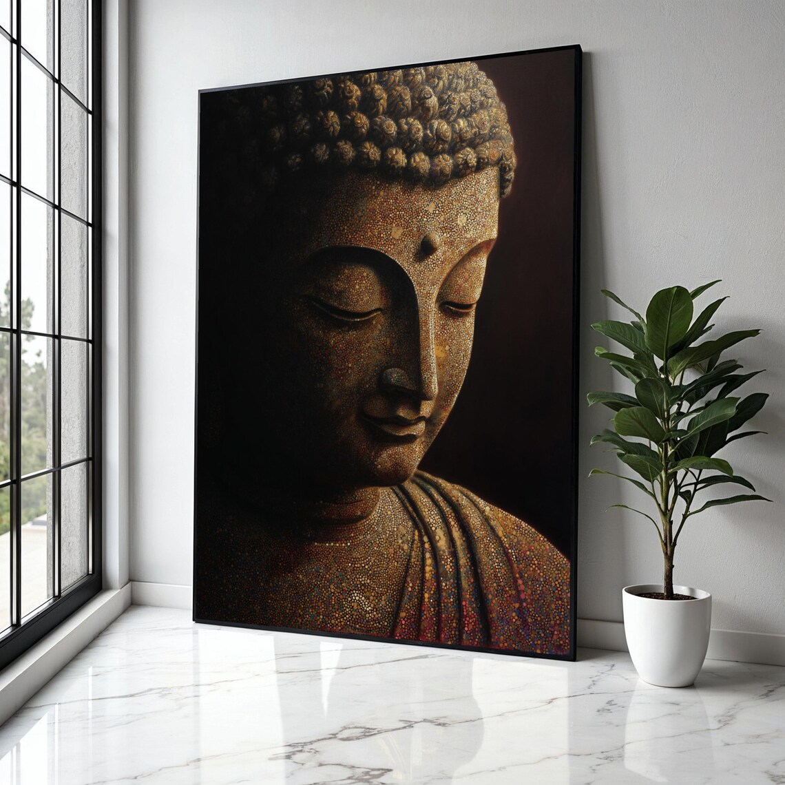 Meditative Buddha Portrait Golden Mosaic Pointillist Zen Painting Poster