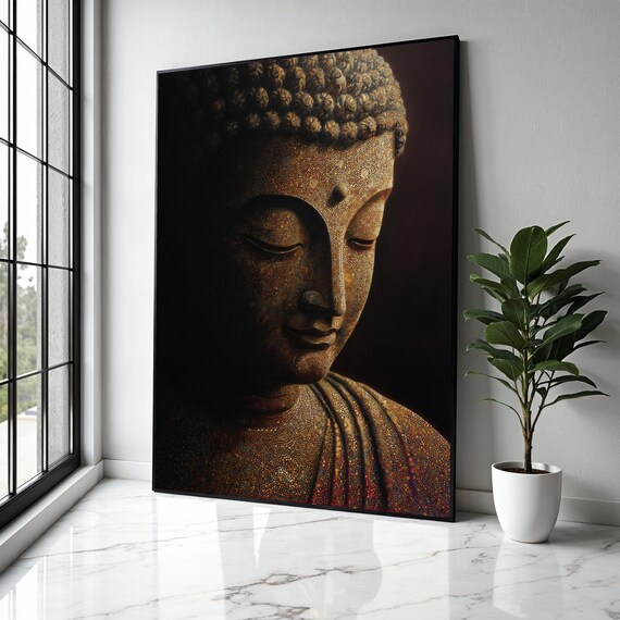 Meditative Buddha Portrait Golden Mosaic Pointillist Zen Painting Poster