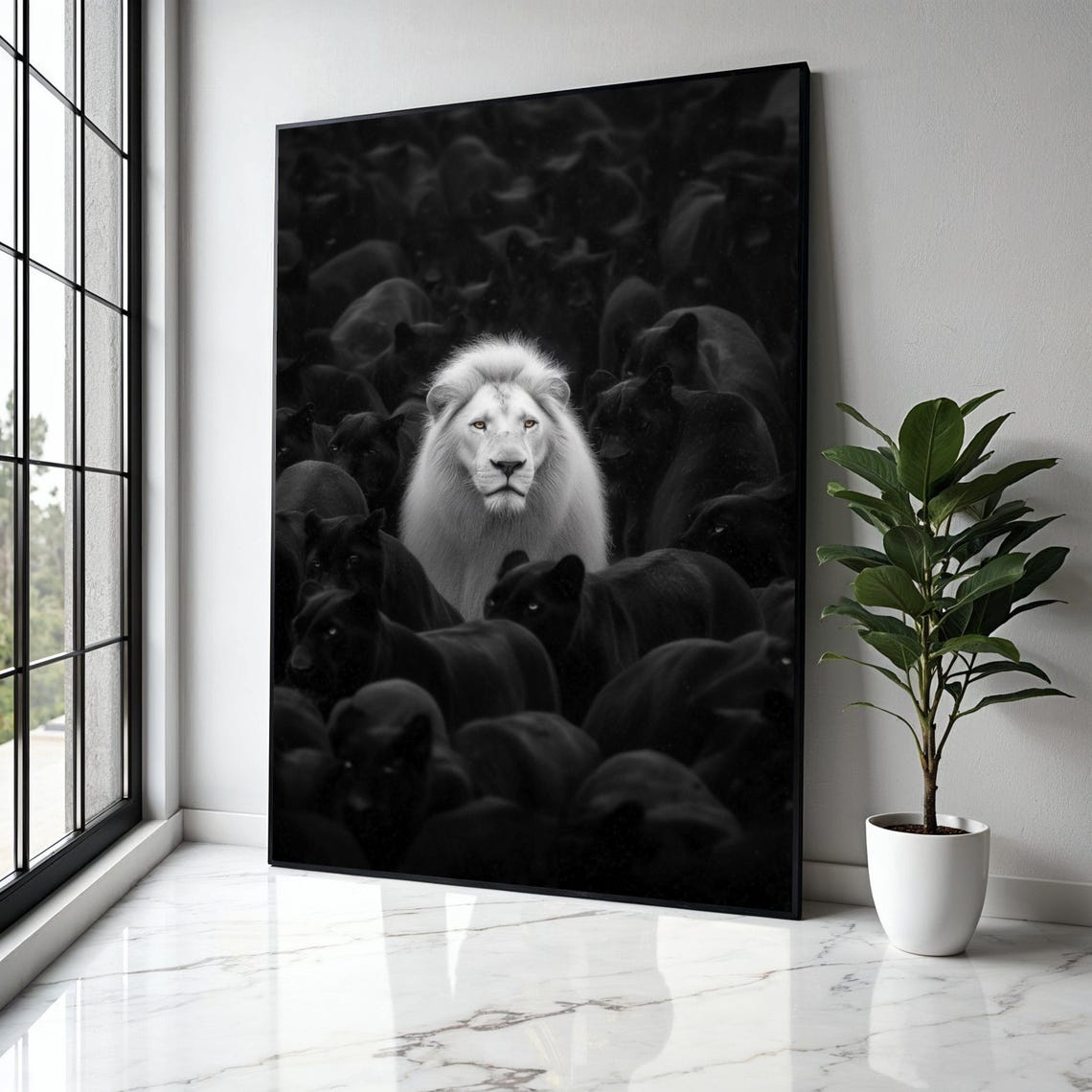White Lion Among Black Panthers Dramatic Wildlife Art Poster