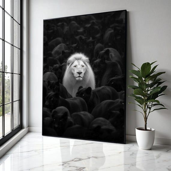 White Lion Among Black Panthers Canvas Wildlife Contrast Wall Art Bold Animal Portrait Monochrome Safari Gift Home Decor Print