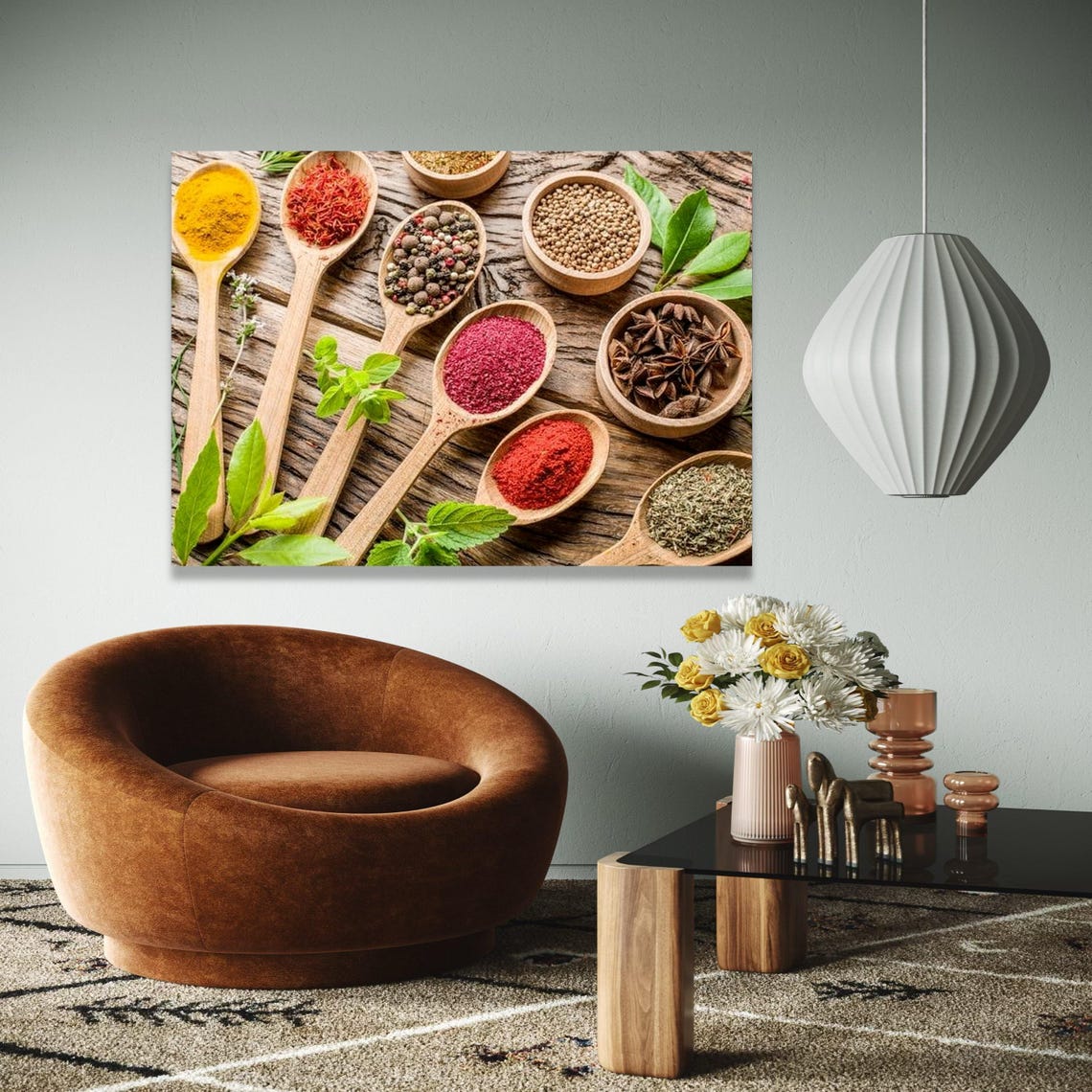 Vibrant Spices Herbs Wooden Spoons Rustic Kitchen Photo Poster