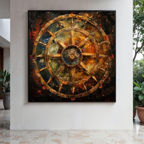 Golden Eight Spoked Dharma Wheel Buddhist Sacred Symbol Zen Art Poster