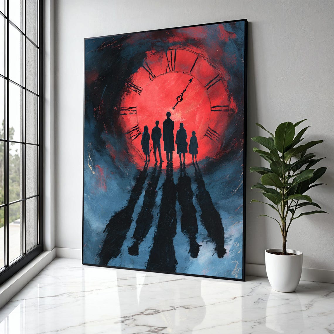 Five Silhouetted Figures Before Giant Red Clock Dramatic Poster