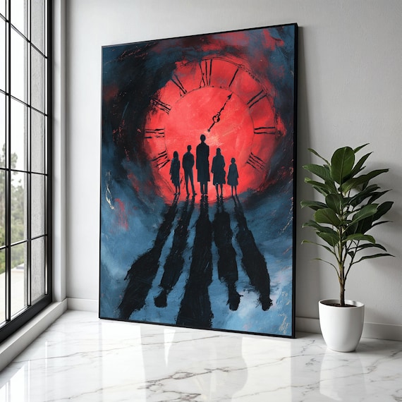 Five Silhouetted Figures Before Giant Red Clock Dramatic Poster