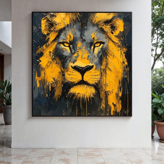 Majestic Lion Face Canvas Abstract Animal Wall Art Yellow And Gray Painting Bold Wildlife Modern Home Gift Decor Print