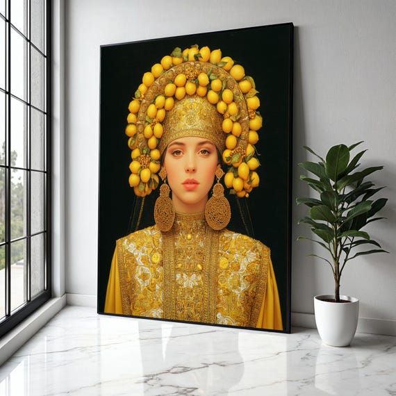 Elegant Woman In Traditional Gold Embroidered Dress With Lemon Headdress Canvas Cultural Portrait Wall Art Gift Home Decor Print