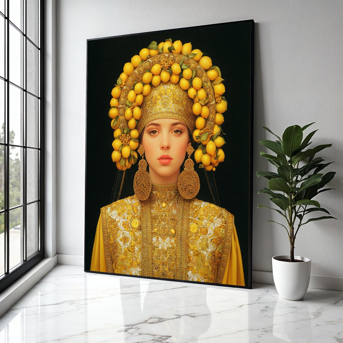 Elegant Woman In Traditional Gold Embroidered Dress With Lemon Headdress Canvas Cultural Portrait Wall Art Gift Home Decor Print