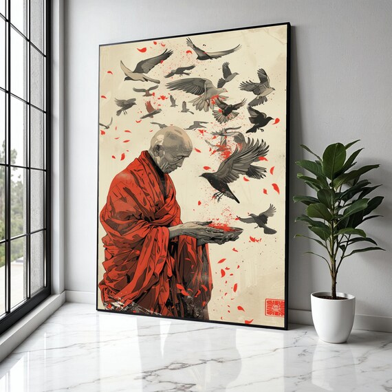 Elder Monk Red Robe Bowl Birds Flying Japanese Ink Art Poster