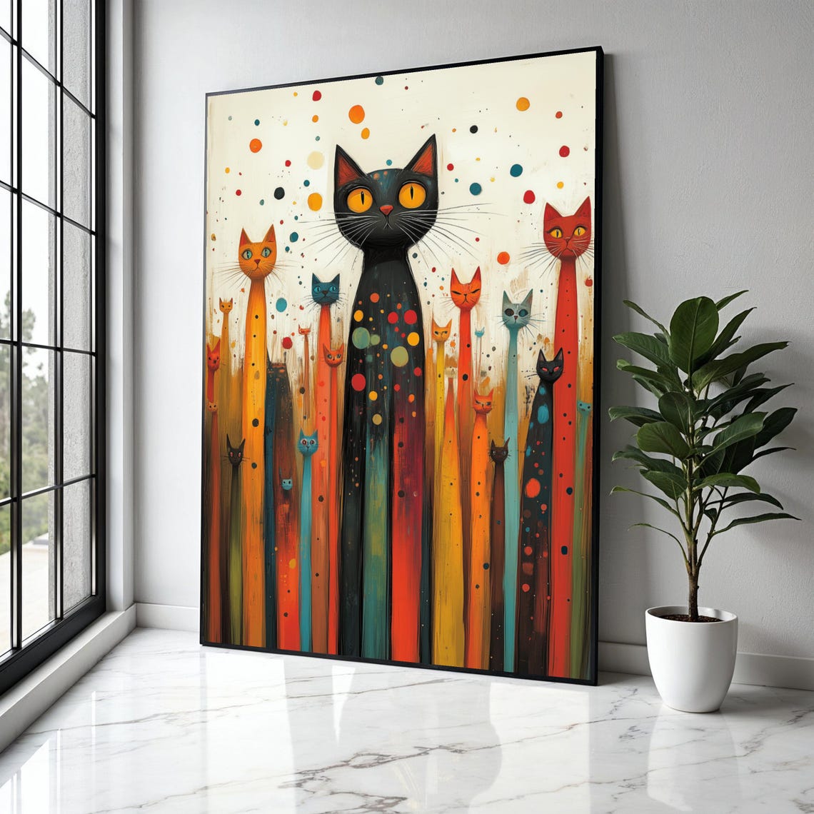 Playful Tall Cats Polka Dots Confetti Whimsical Feline Poster