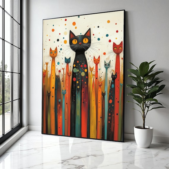 Playful Tall Cats Polka Dots Confetti Whimsical Feline Poster