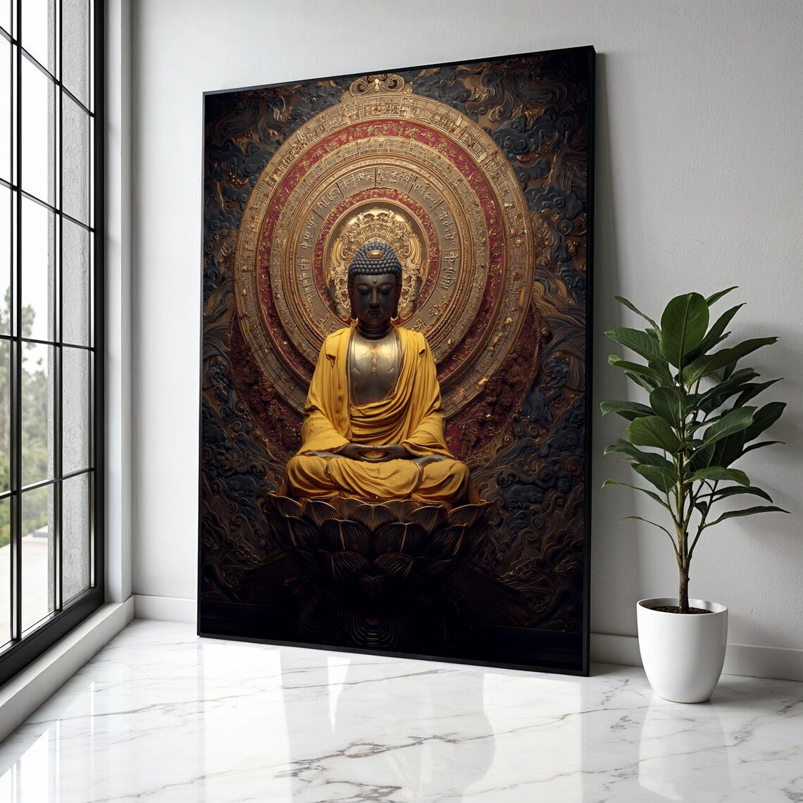 Golden Buddha Ornate Mandala Black Gold Sacred Buddhist Zen Art Poster