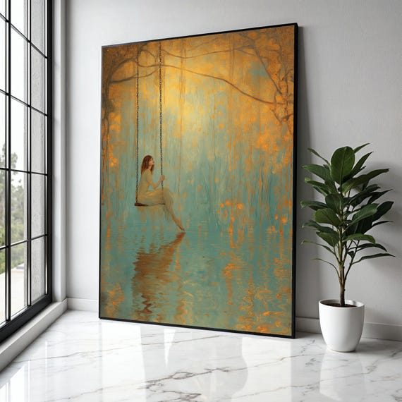 Dreamy Swing Scene Serene Woman Canvas Water Reflection Art Golden Forest Wall Mystical Nature Gift Home Decor Print