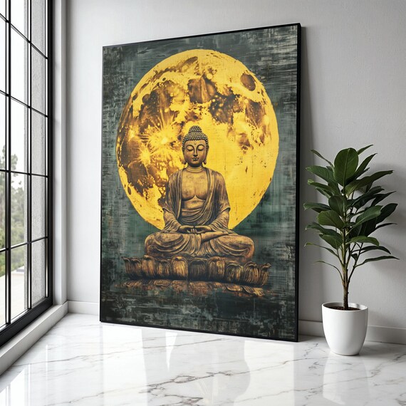 Golden Buddha Full Moon Meditation Zen Spiritual Lotus Art Poster