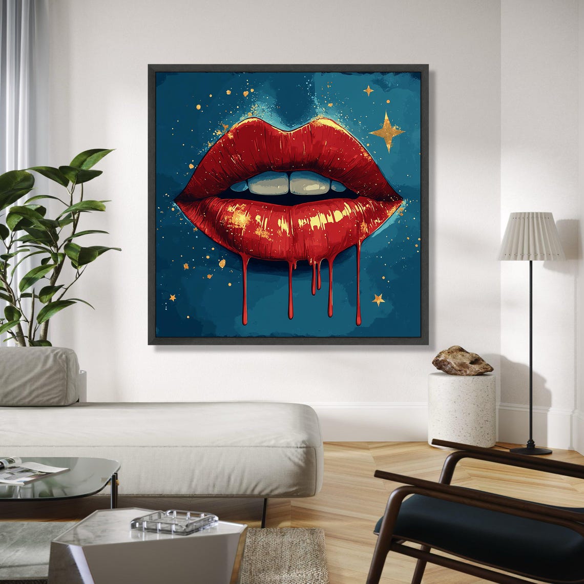 Bold Red Lips Dripping Paint Gold Starry Teal Background Poster