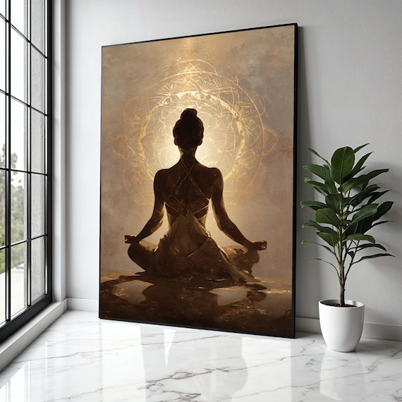 Meditating Woman Silhouette Before Golden Mandala Zen Art Poster