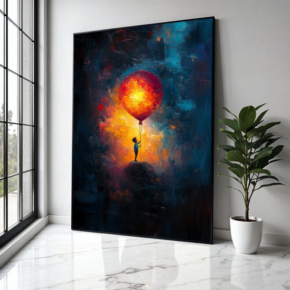 Child Holding Giant Balloon Canvas Abstract Night Sky Wall Art Colorful Impressionist Painting Bright Gift Home Decor Print