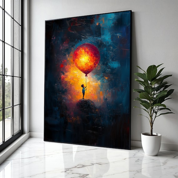 Child Holding Giant Glowing Balloon Night Sky Dreamy Fantasy Poster