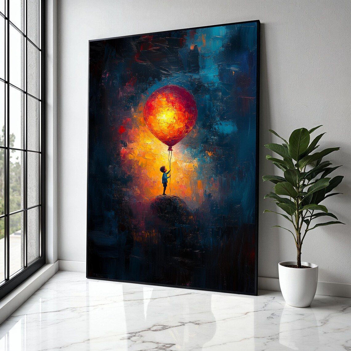 Child Holding Giant Glowing Balloon Night Sky Dreamy Fantasy Poster