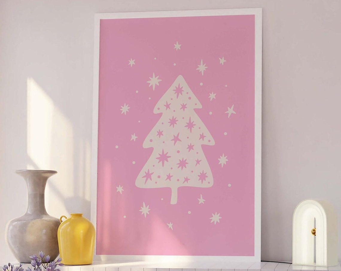White Christmas Tree on Pink Starry Retro Holiday Cute Poster