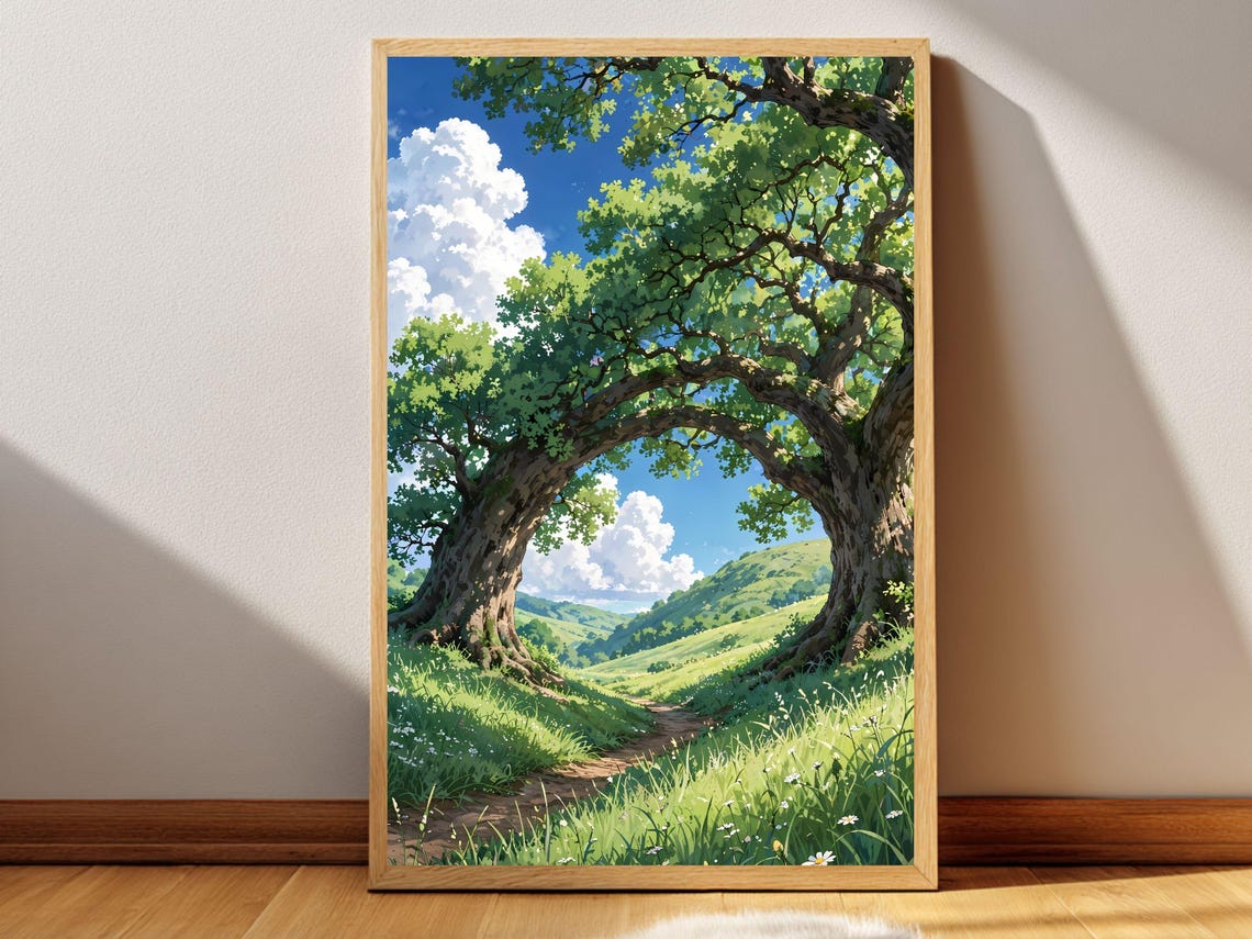 Winding Path Through Two Trees Anime Forest Landscape Art Poster