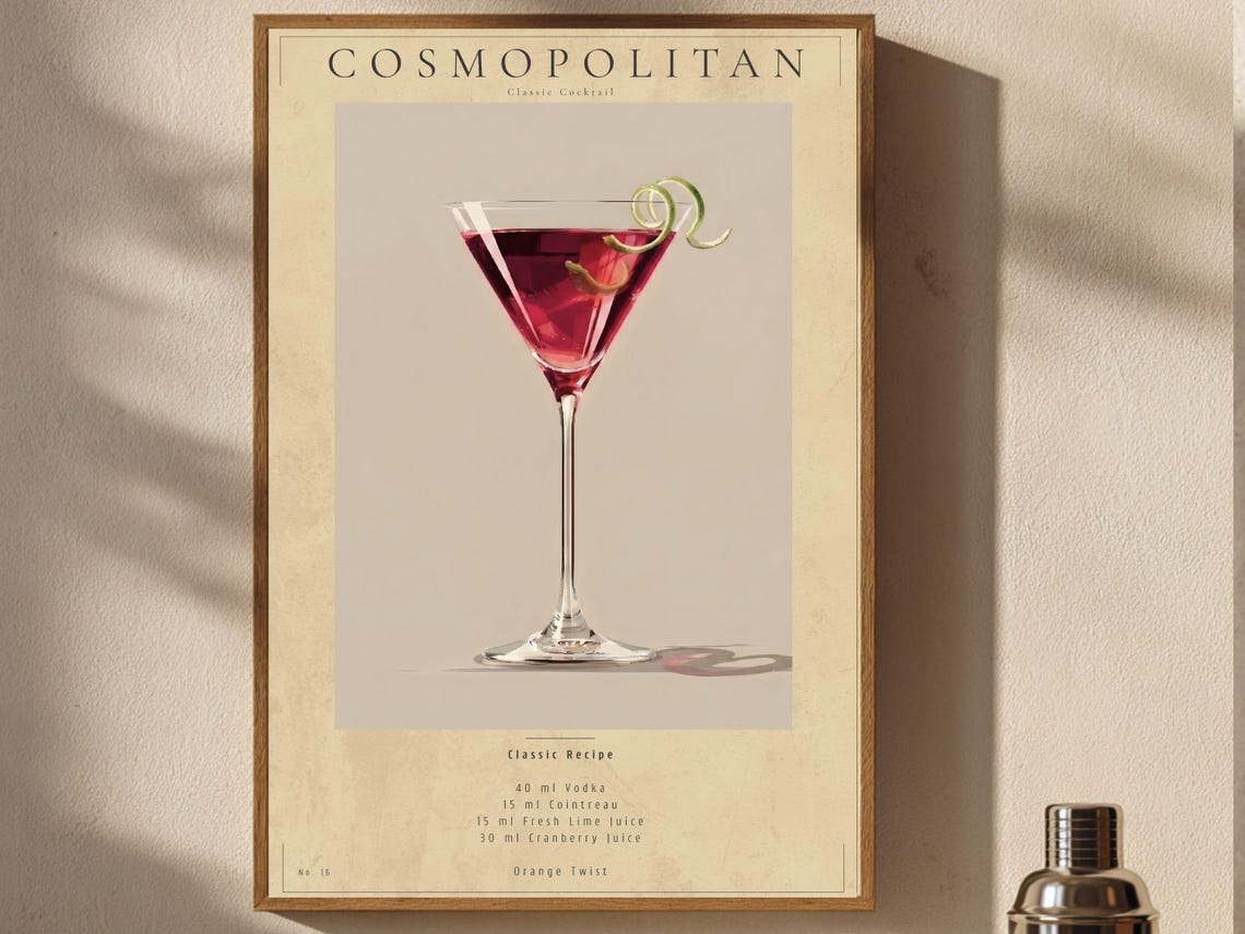 Cosmopolitan Poster Pink Cocktail Wall Art Bar Cart Decor Printable Download