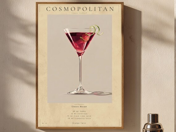 Cosmopolitan Classic Cocktail Recipe Pink Martini Bar Cart Poster