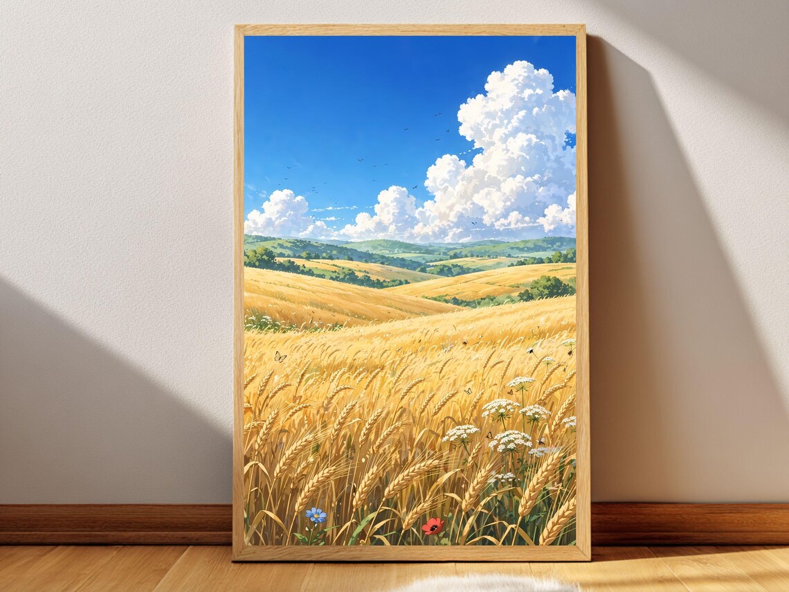 Golden Wheat Field Sunny Clouds Summer Anime Landscape Poster
