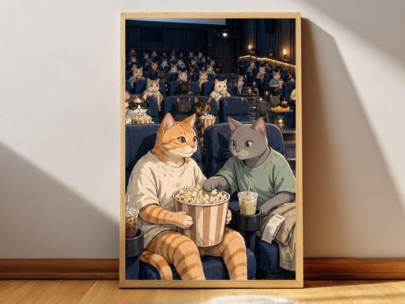 Movie Night Cat Poster Printable Wall Art Digital Download