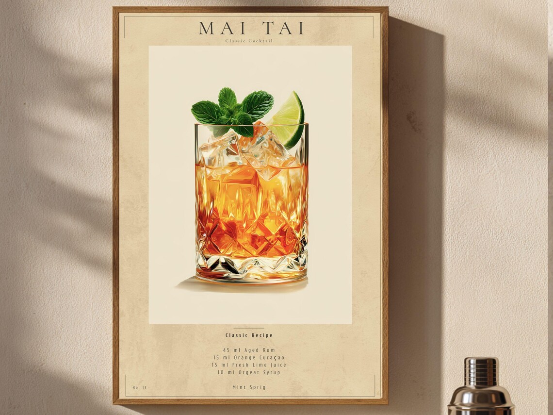 Mai Tai Classic Cocktail Recipe Tiki Rum Tropical Bar Cart Poster
