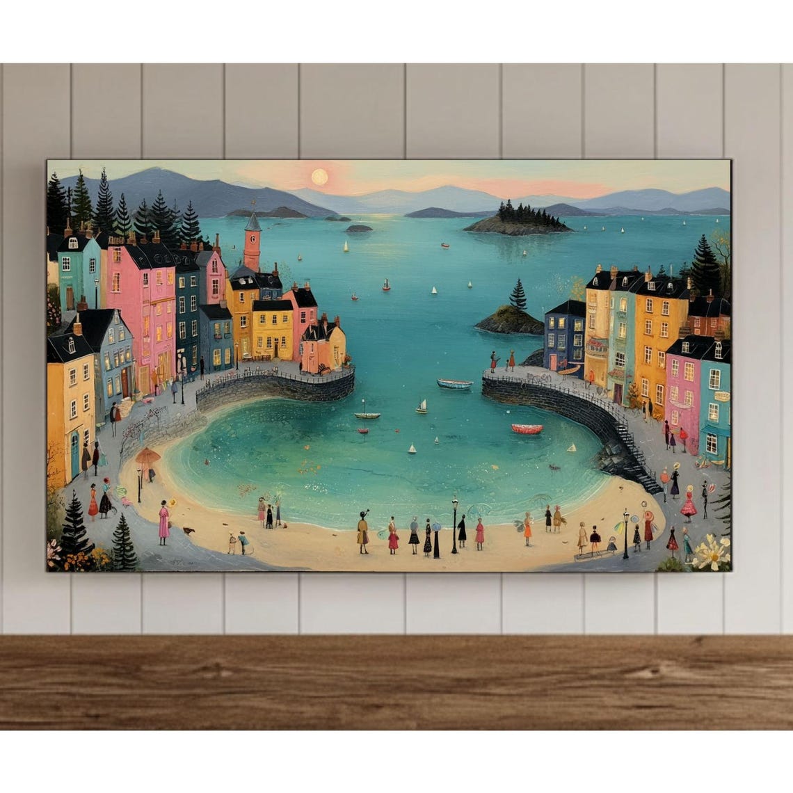 Charming Colorful Seaside Town at Sunset Whimsical Coastal Poster