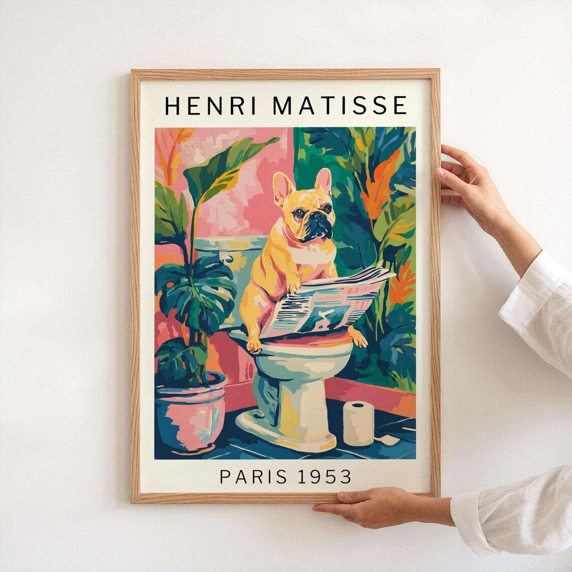 French Bulldog On Toilet Reading Newspaper Matisse Style Bathroom Poster