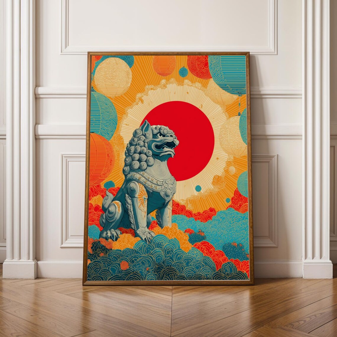 East Asian Guardian Lion with Red Sun Bold Oriental Pop Poster