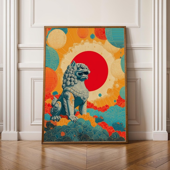 Traditional Guardian Lion Okinawa Wall Art Japanese Poster Print Red Teal Decor Living Room Gift For Coworker