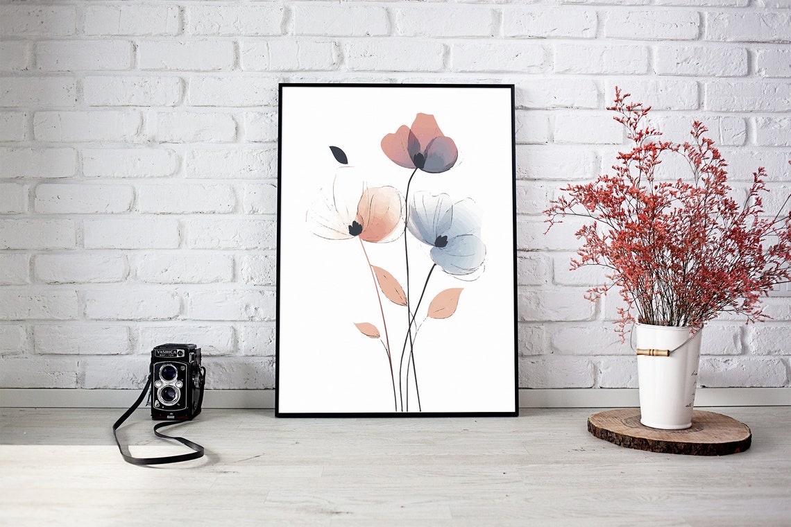 Blush And Dusty Blue Poppy Watercolor Floral Botanical Wall Art - Image 2