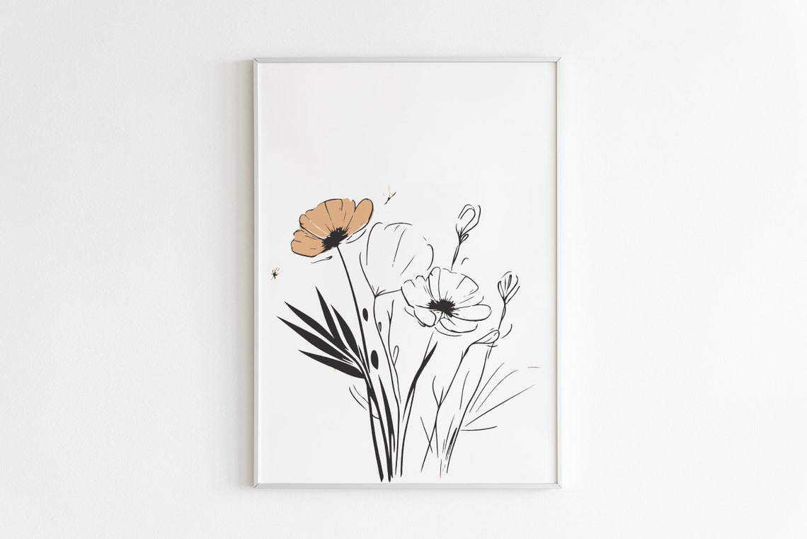 Orange Poppy Line Art Floral Botanical Minimalist Framed Wall Art