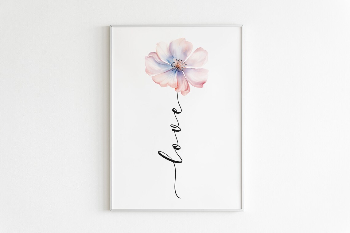 Love Word Pink Watercolor Flower Minimalist Botanical Art Poster
