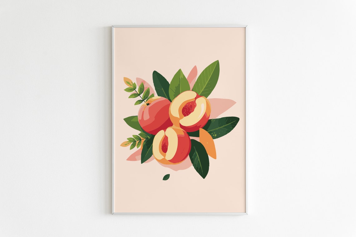 Peach Botanical Illustration Whole Halved Fruit Green Leaves Poster