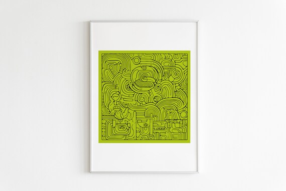 Mayan Glyph Line Art Green Geometric Mesoamerican Tribal Poster