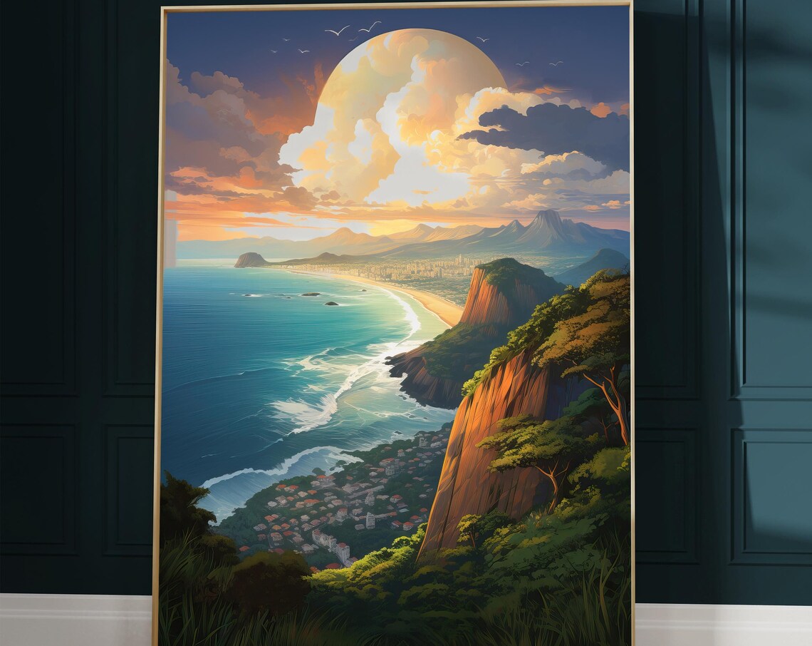 Rio de Janeiro Beach Sunset Anime Poster with Copacabana Coast Art