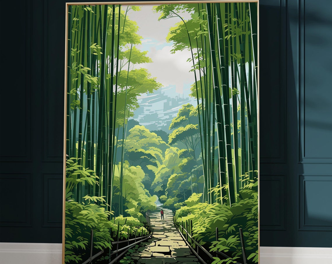 Anime Bamboo Forest Path With Lone Walker in Soft Daylight Poster - Image 2