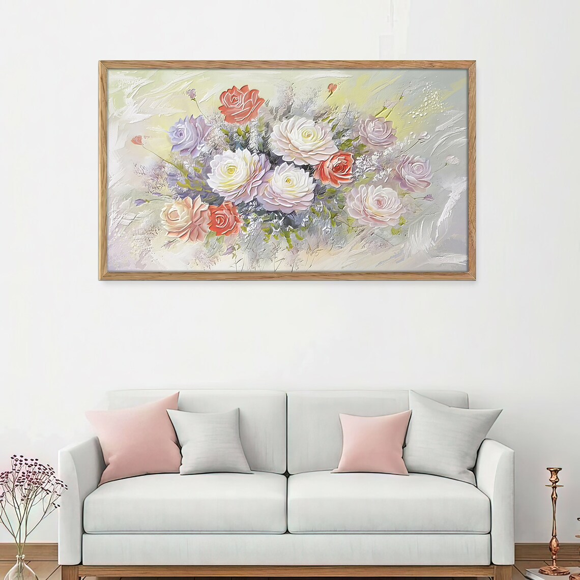 Hand Painted Pastel Roses Coral White Lavender Thick Art Poster - Image 4