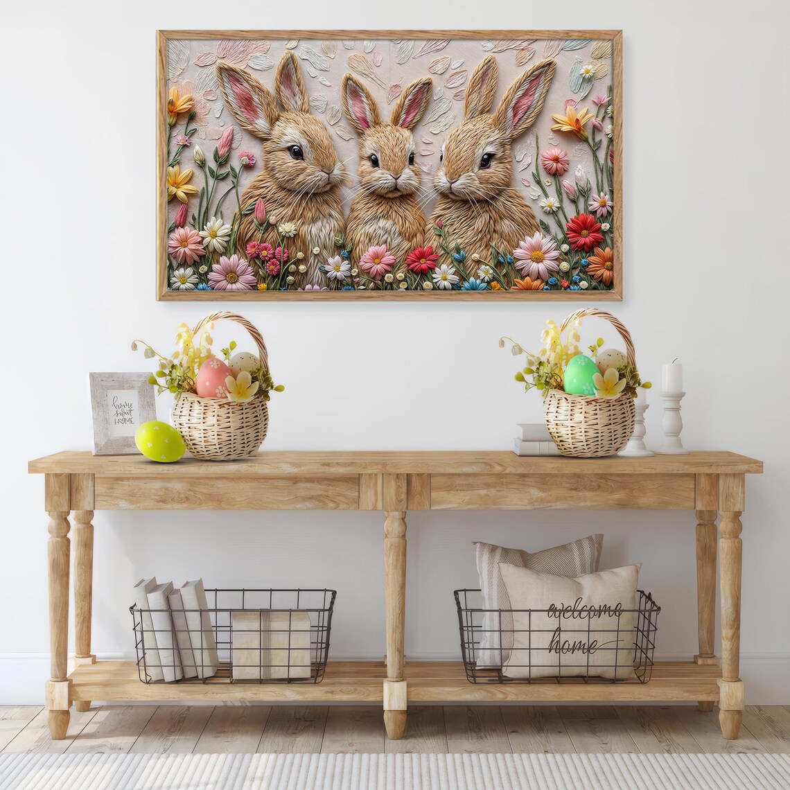 Three Bunnies Flower Field Textured Spring Rabbit Trio Art Print - Image 4