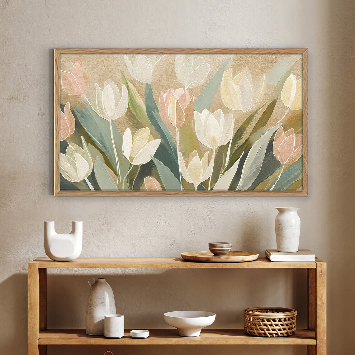 Blush Cream Tulips Sage Green Gold Background Elegant Floral Art Print - Image 2