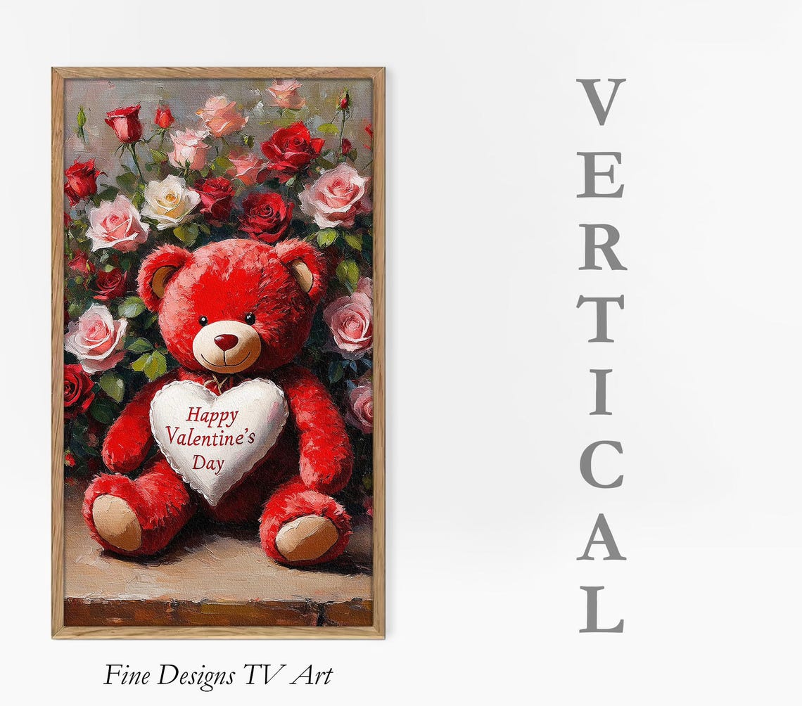 Red Teddy Bear Holding Heart Valentines Day Roses Romantic Poster