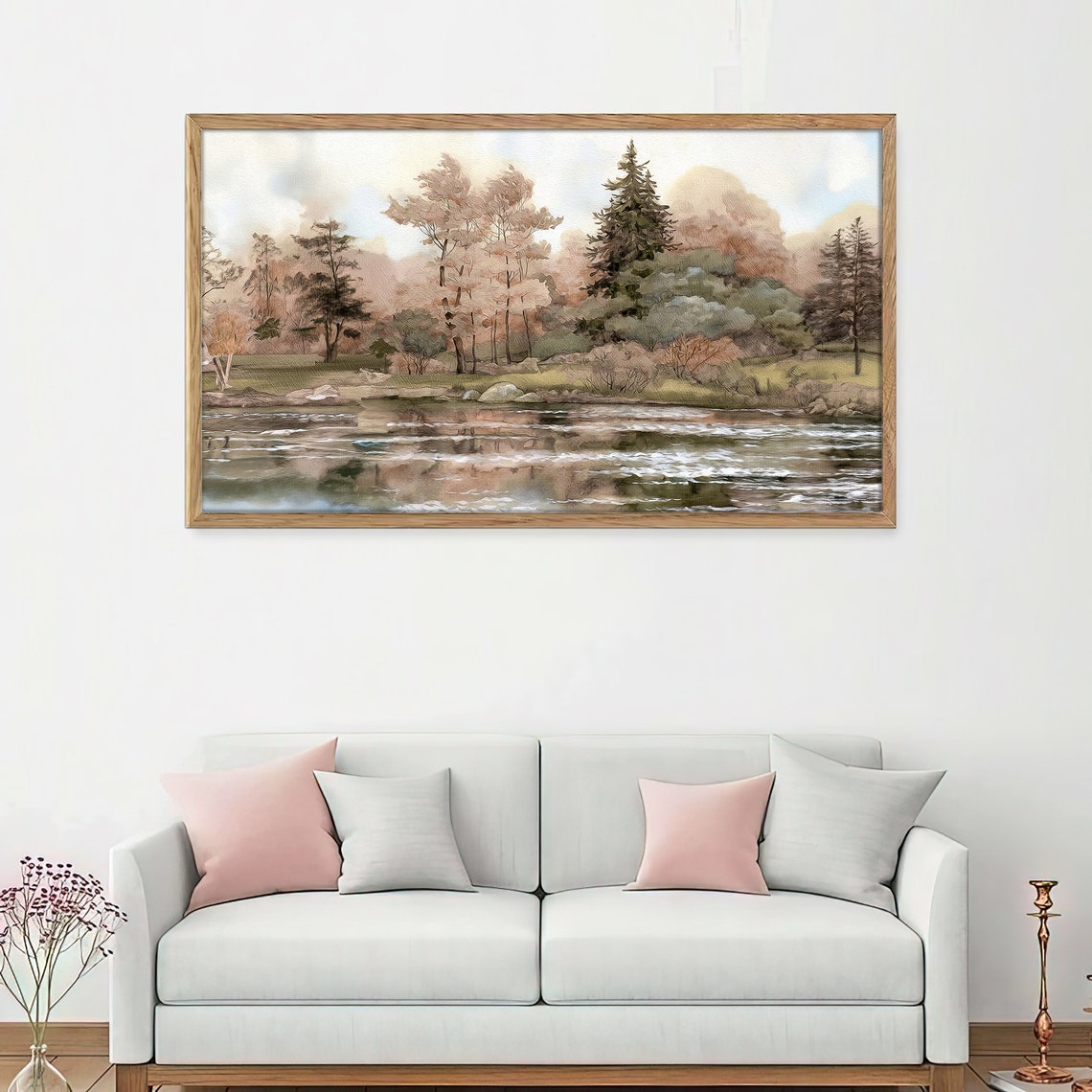 Vintage Pond Reflection Trees Calm Water Neutral Landscape Art Poster - Image 4