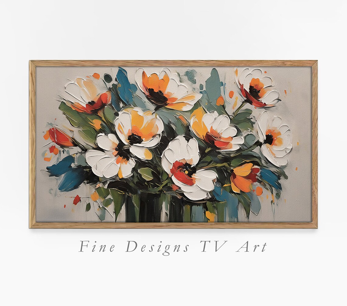 White Orange Poppies Impasto Bouquet Gray Textured Flower Art Poster