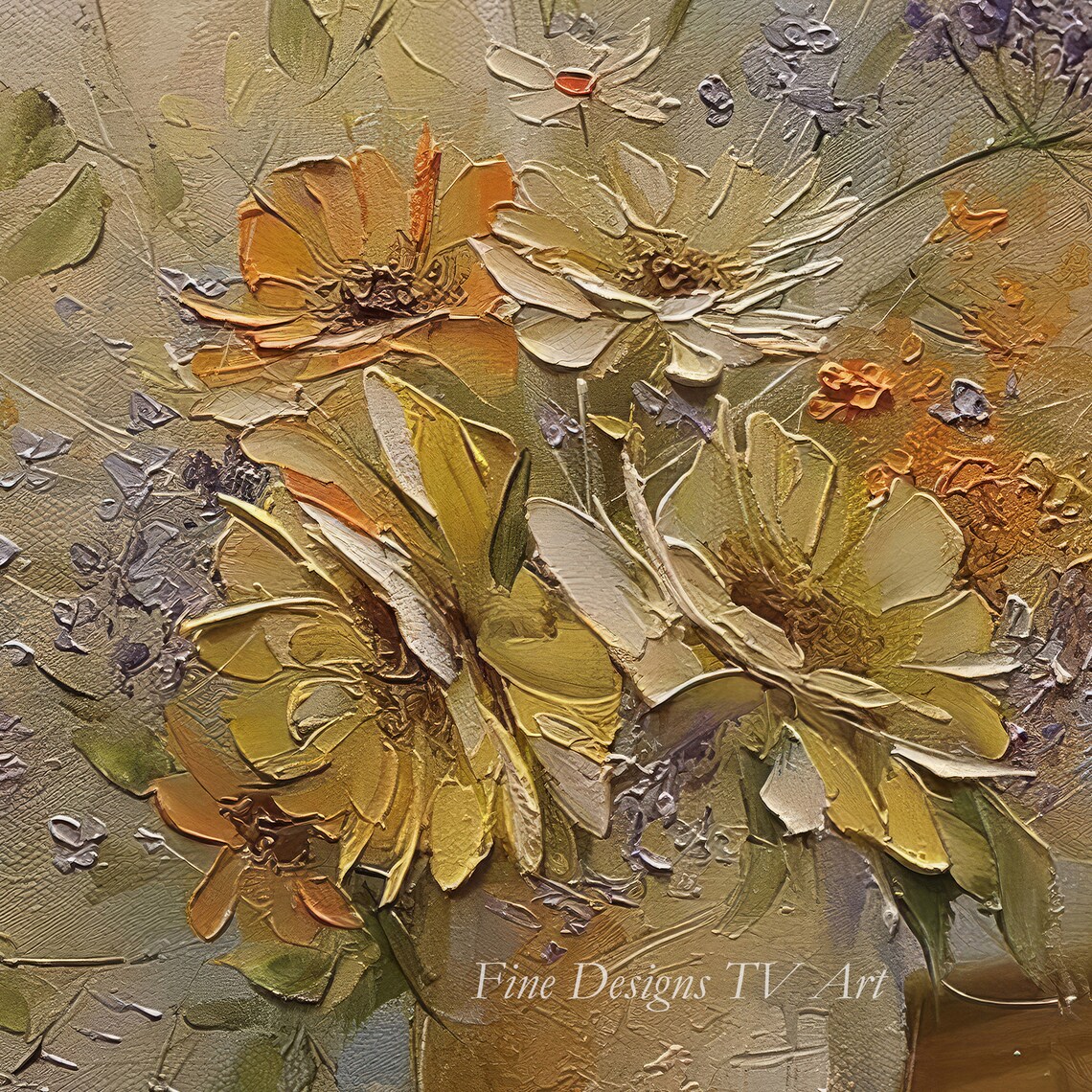 Golden Daisy Bouquet in Vase Vertical Earth Tone Floral Art Poster - Image 2
